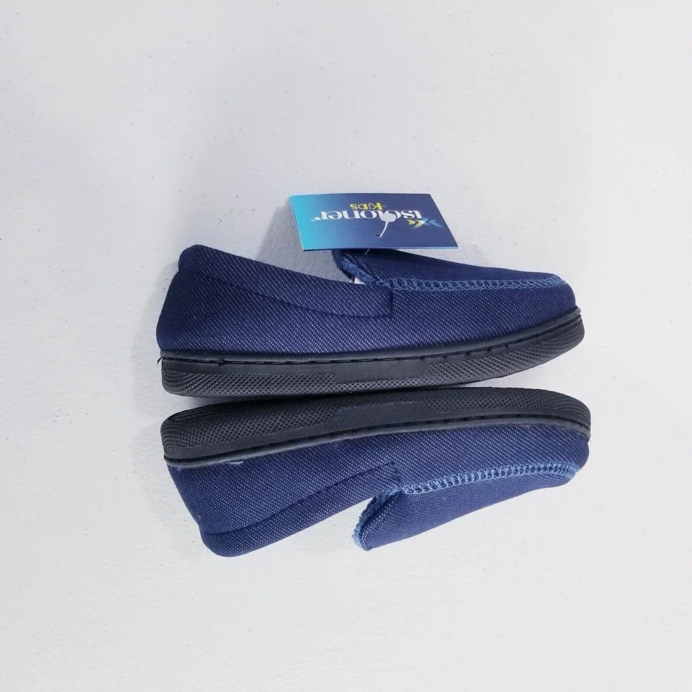 Isotoner Kids Chandler Moccasin Slippers Size 9-10 Navy Blue NEW Boys